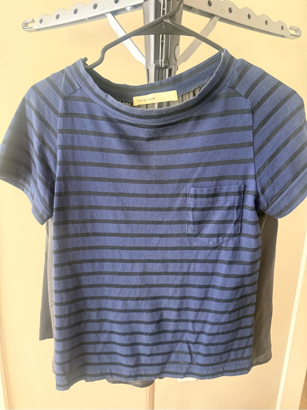 Sacai Blue and Black Striped Short Sleeve Tee